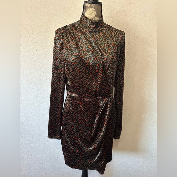 Black Halo Briar Leopard Velvet Mini Dress in Green Leopard- Size 12 - Picture 2 of 9